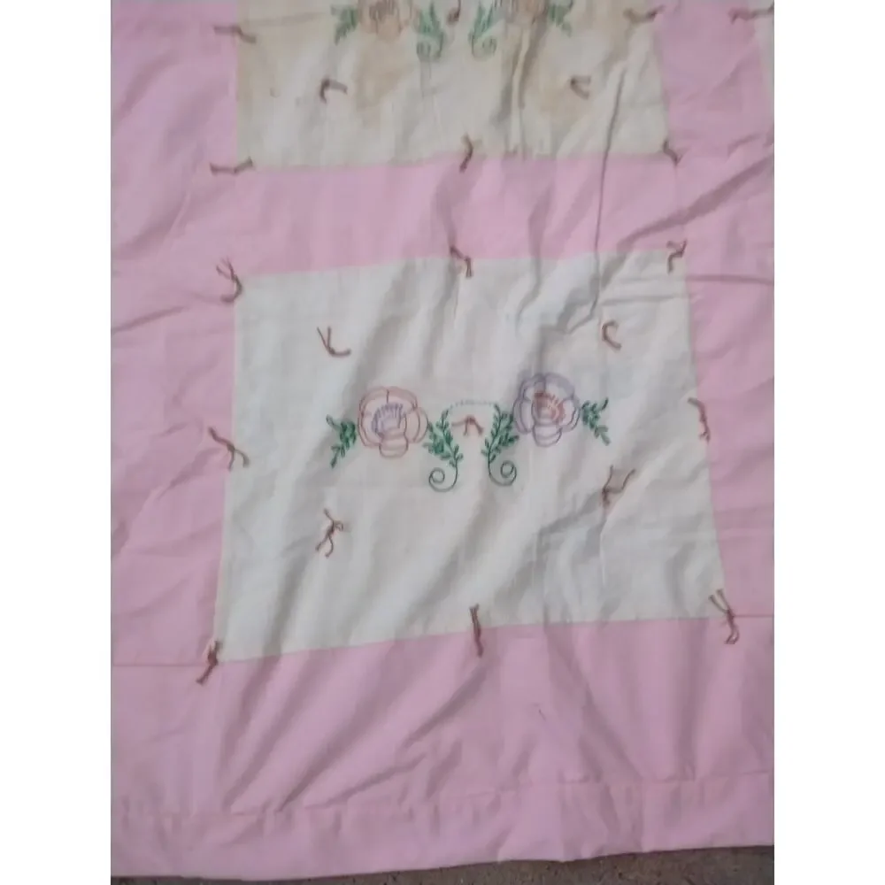 Handmade and Hand Embroidered with Flowers PinkQuilt Throw 76